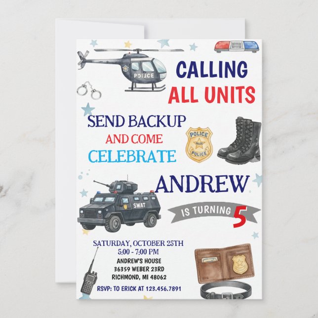 Invitation d'anniversaire d'un policier moderne pe (Devant)