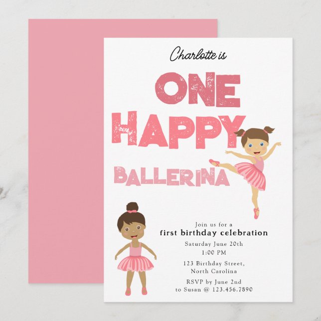 Invitation d'anniversaire d'une ballerine heureuse (Devant / Derrière)