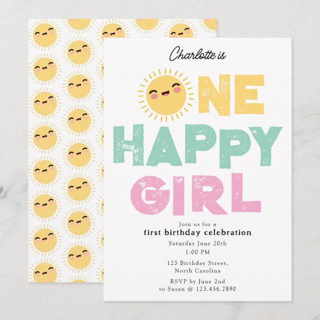 Invitation d'anniversaire d'une fille heureuse 1er (Devant / Derrière)