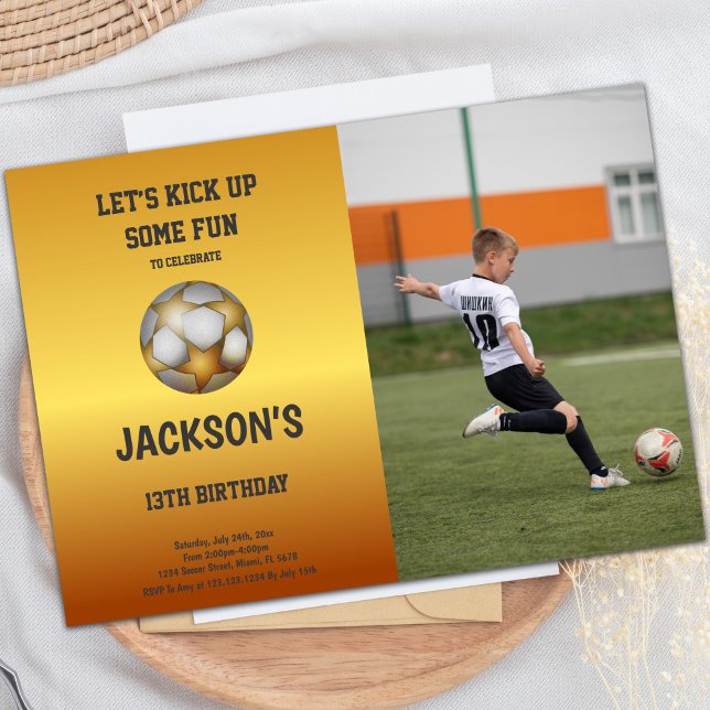Invitation d'anniversaire Elegant Gold et Orange S (Gold Orange Soccer Birthday Invitations w photo)