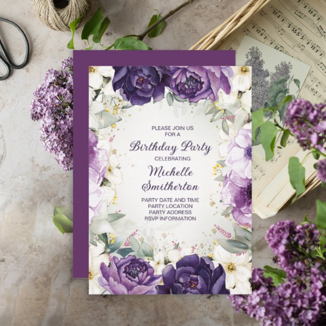Invitation d'anniversaire élégante avec fleurs bla (Créateur téléchargé)