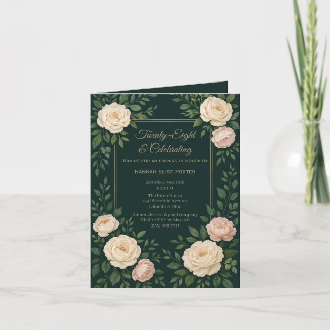 Invitation d'anniversaire élégante avec fleurs sar (Devant)