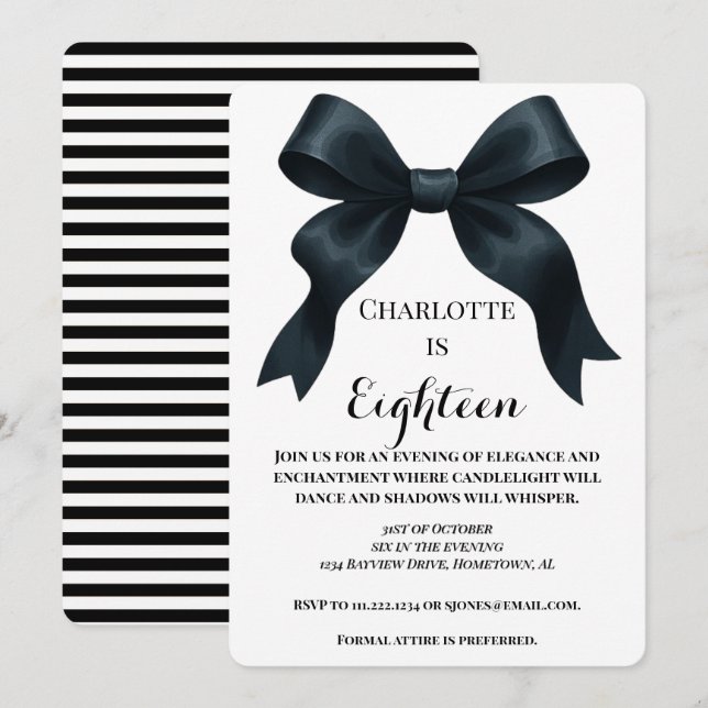 Invitation d'anniversaire élégante avec nœud noir  (Devant / Derrière)