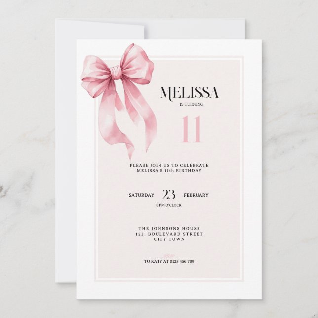 Invitation d'anniversaire élégante avec nœud rose  (Devant)