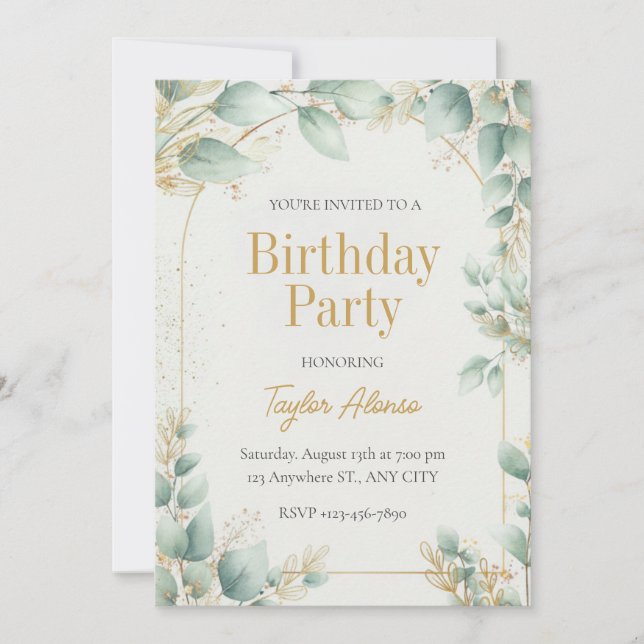 Invitation d'anniversaire élégante avec verdure et (Devant)