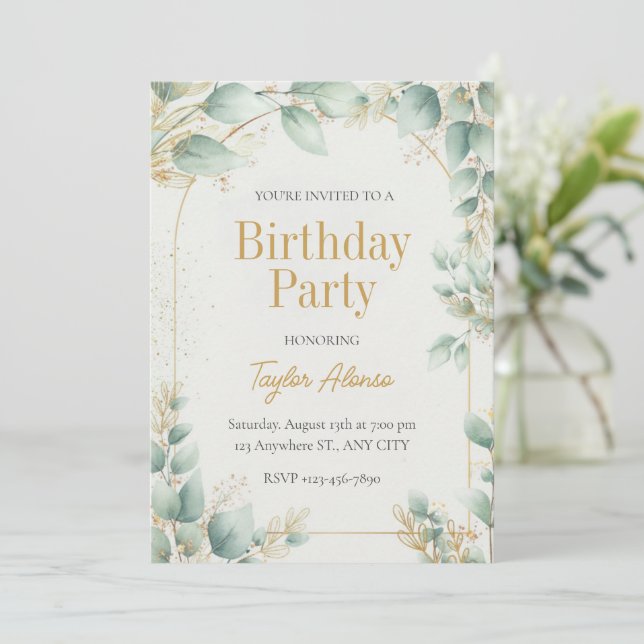 Invitation d'anniversaire élégante avec verdure et (Debout devant)