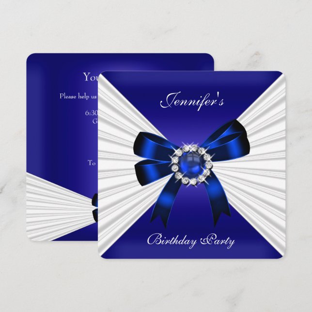 Invitation d'anniversaire élégante Bleu royal Bijo (Devant / Derrière)