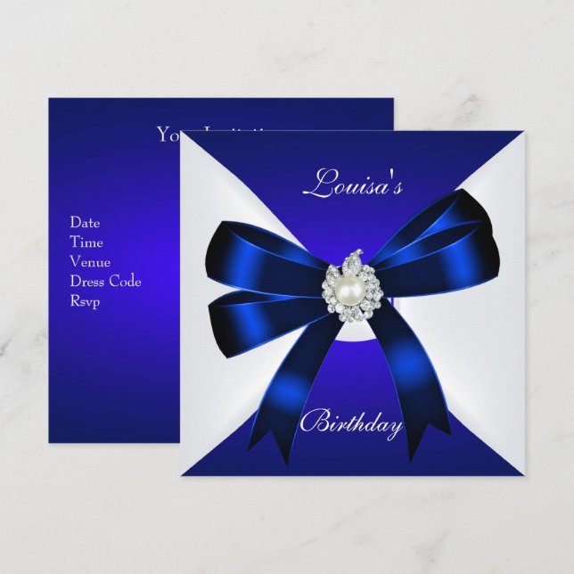Invitation d'anniversaire élégante bleu royal perl (Devant / Derrière)