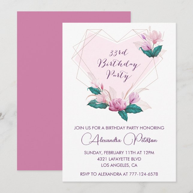 Invitation d'anniversaire élégante Boho rose 33 an (Devant / Derrière)