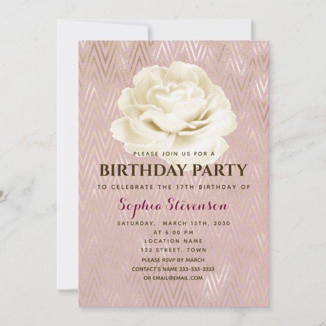 Invitation d'anniversaire élégante et florale rose (Devant)
