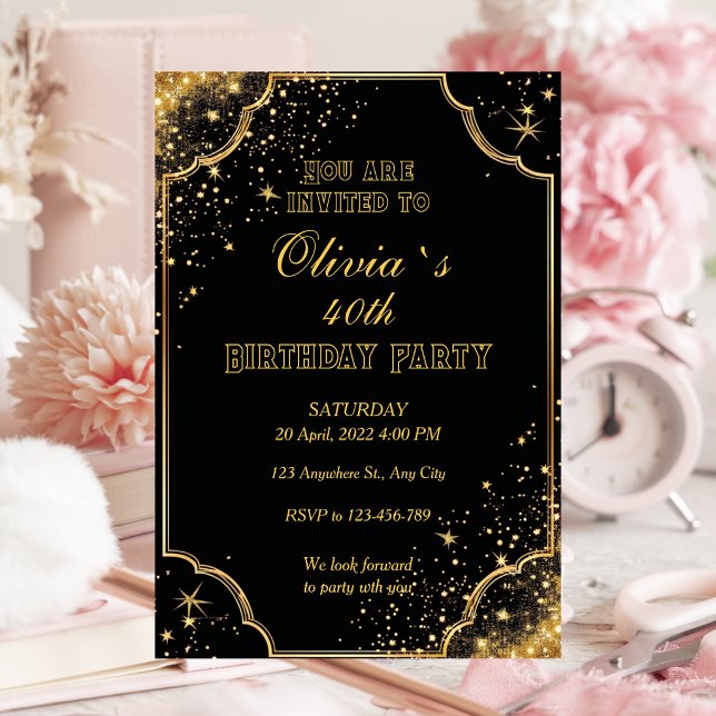 Invitation d'anniversaire élégante noir et or pour (Créateur téléchargé)