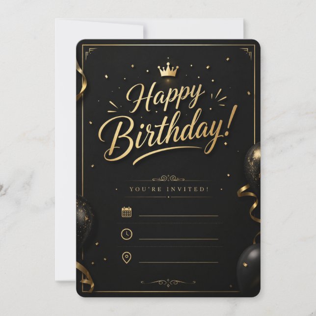 Invitation d'anniversaire élégante noire et or | L (Devant)