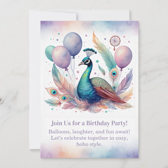 Invitation d'anniversaire élégante Paon Bohème  (Devant)
