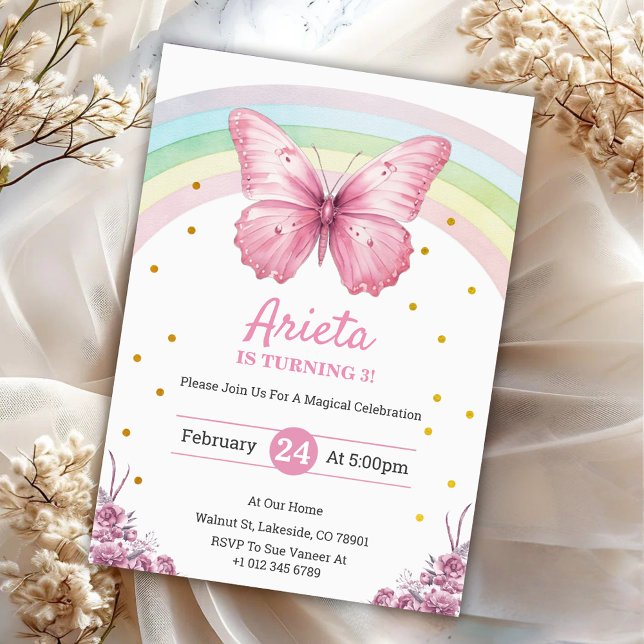 Invitation d'anniversaire élégante papillon rose (Créateur téléchargé)