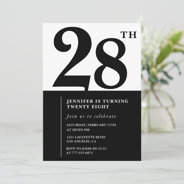 Invitation d'anniversaire élégante pour fille 28 a (Debout devant)