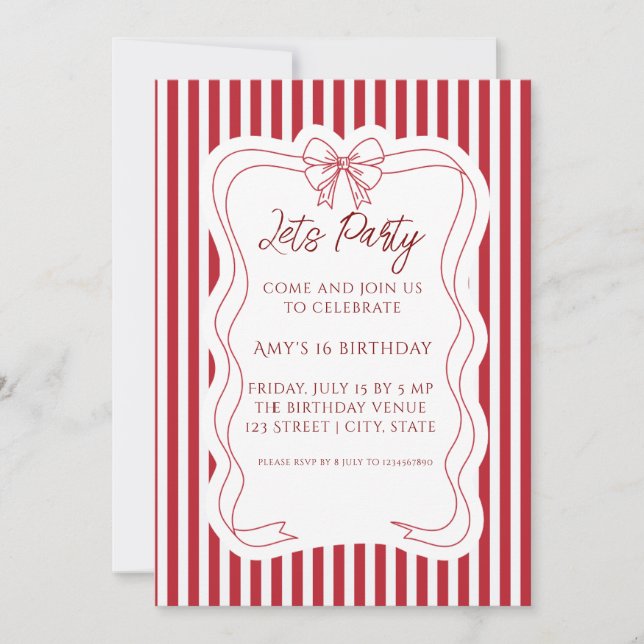 Invitation d'anniversaire élégante rayée rouge et  (Devant)