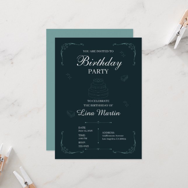 Invitation d'anniversaire élégante sarcelle (Devant/Arrière en situation)