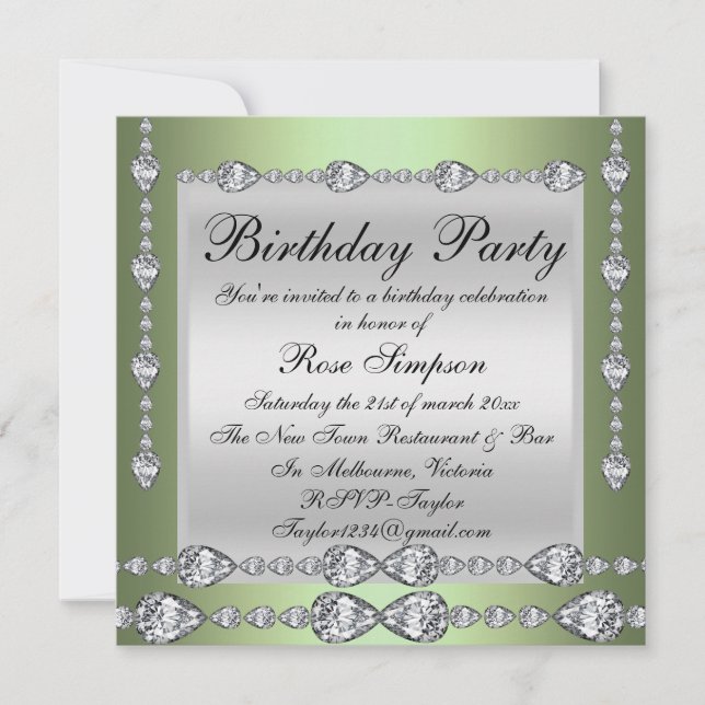 Invitation d'anniversaire élégante verte et argent (Devant)