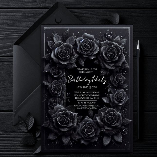 Invitation d'anniversaire Elégantes Roses Noires G (all black affair dark gothic vampy vampire halloween iorthday party invitation, moody witchy invite.)