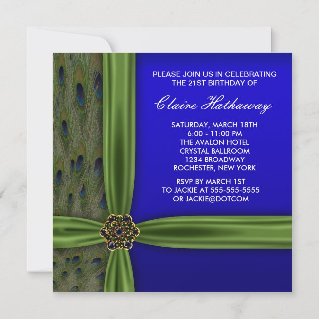 Invitation d'anniversaire Emeraude Paon  (Devant)
