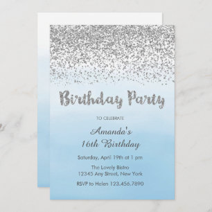 Invitation d'anniversaire en bleu doux et en argen
