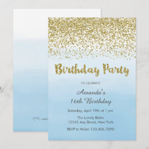 Invitation d'anniversaire en bleu doux et en or