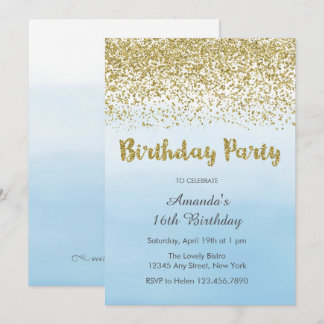 Invitation d'anniversaire en bleu doux et en or