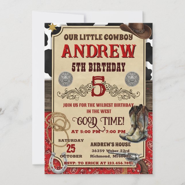 Invitation d'anniversaire en bois rustique Cowboy  (Devant)