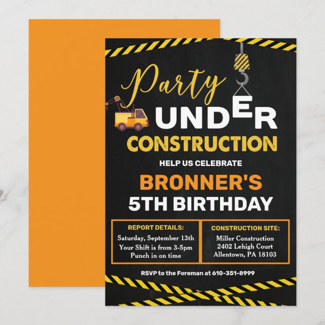 Invitation d'anniversaire en construction (Devant / Derrière)