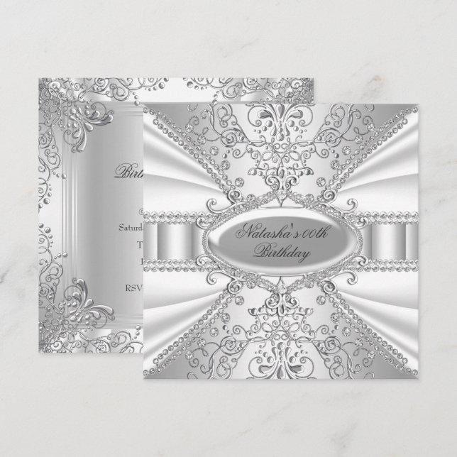 Invitation d'anniversaire en damas argenté et blan (Devant / Derrière)