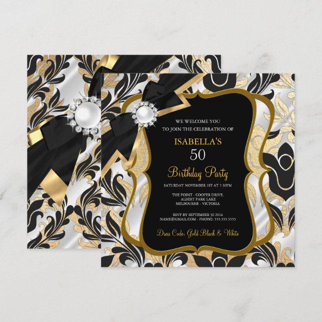 Invitation d'anniversaire en damas noir avec ruban (Devant / Derrière)