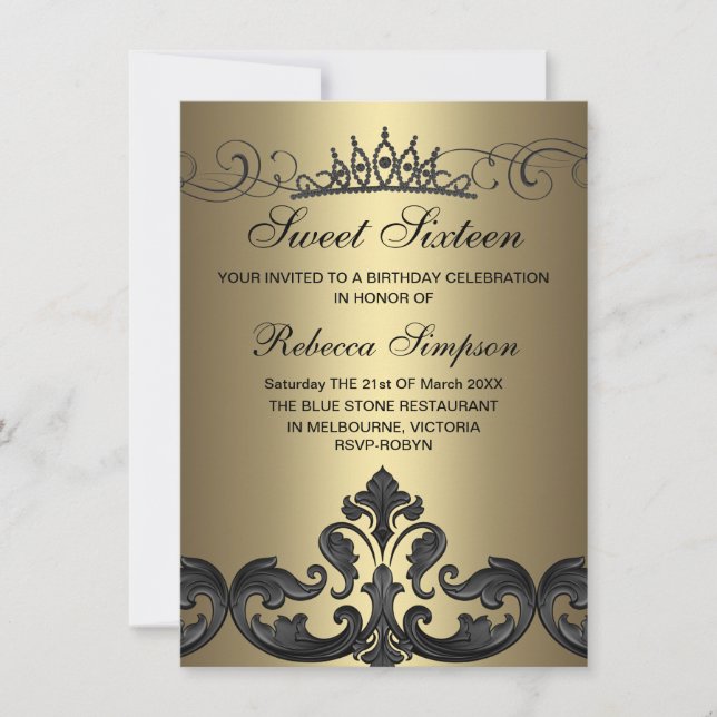 Invitation d'anniversaire en damas or et noir et d (Devant)