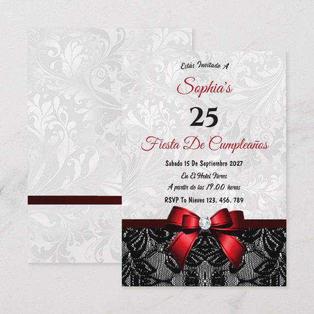 Invitation d'anniversaire en dentelle et damas (Devant / Derrière)