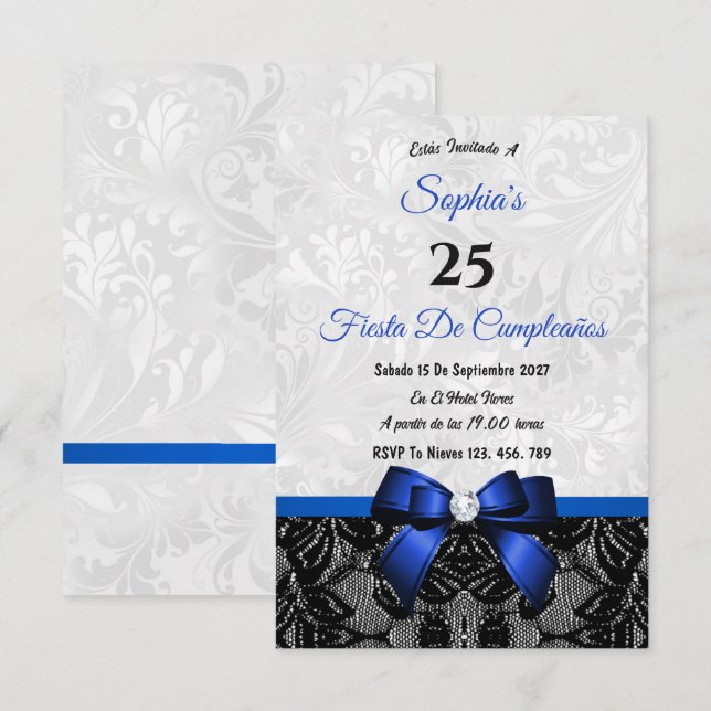 Invitation d'anniversaire en dentelle et damas (Devant / Derrière)