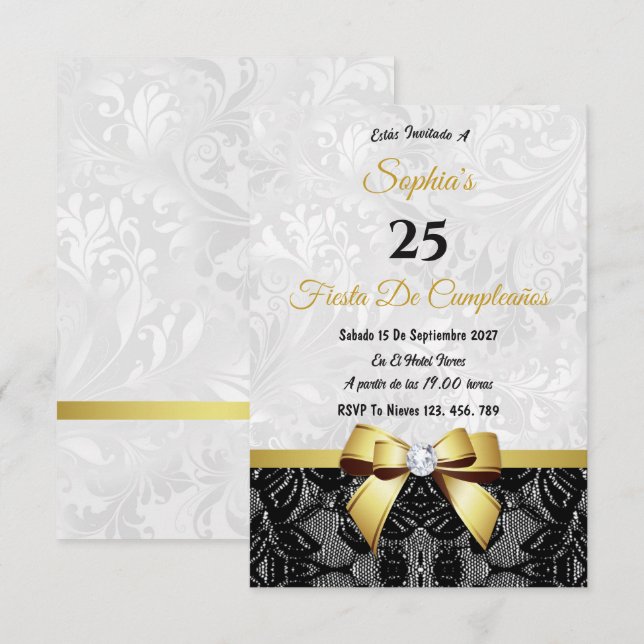 Invitation d'anniversaire en dentelle et damas (Devant / Derrière)