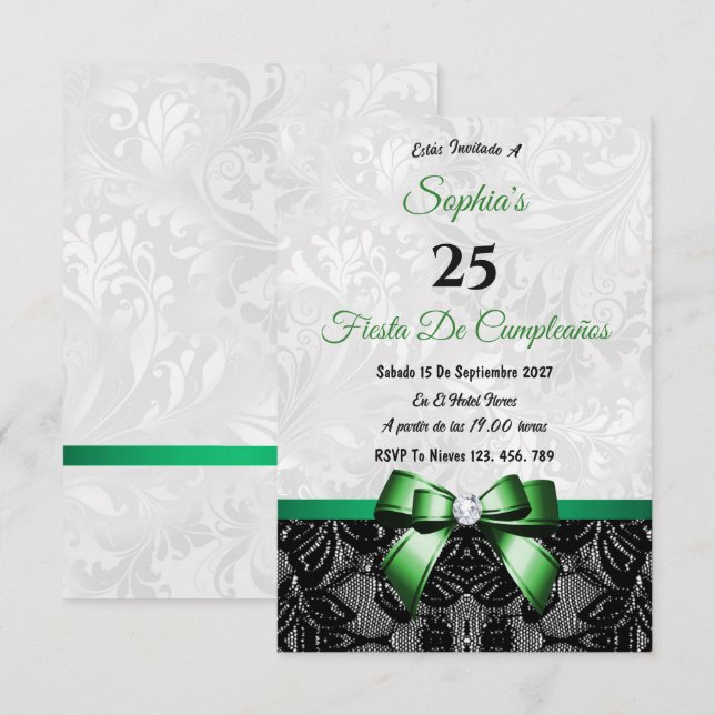Invitation d'anniversaire en dentelle et damas (Devant / Derrière)