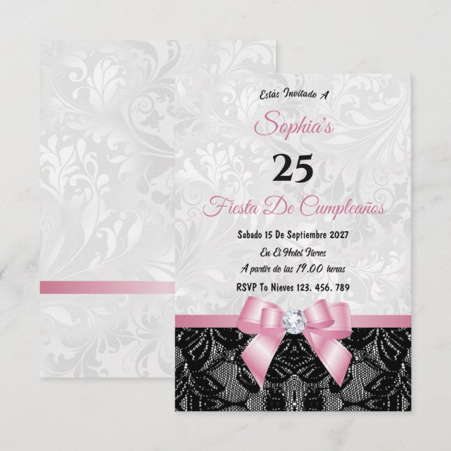 Invitation d'anniversaire en dentelle et damas (Devant / Derrière)