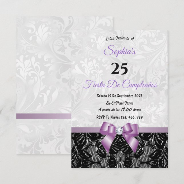 Invitation d'anniversaire en dentelle et damas (Devant / Derrière)