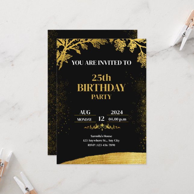 Invitation d'anniversaire en feuille d'or Glamour  (Devant/Arrière en situation)