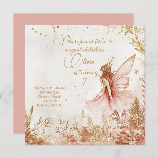 Invitation d'anniversaire Enchanted Gold et Rose F (Devant / Derrière)