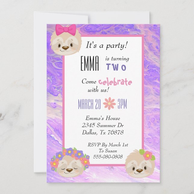 Invitation d'anniversaire enfant rose violet pares (Devant)