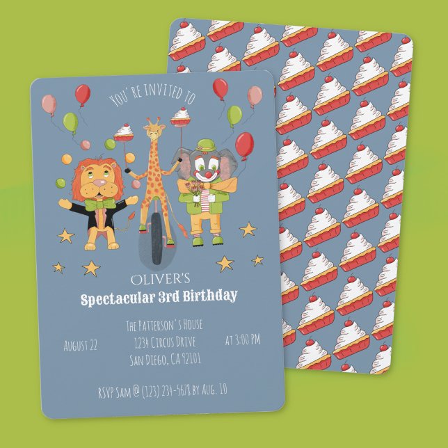 Invitation d'anniversaire enfant thème cirque (Circus theme blue-grey kid birthday invitation with cherry pie pattern on the back . )