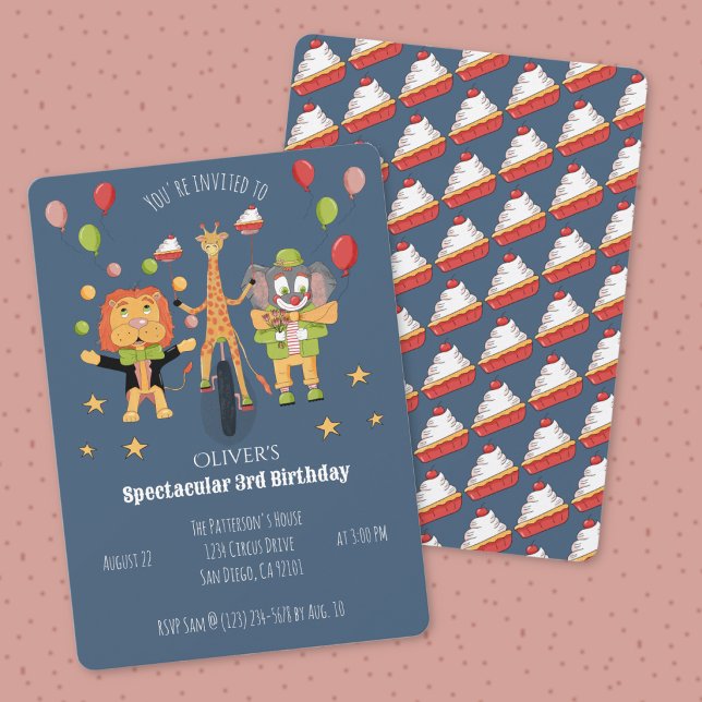Invitation d'anniversaire enfant thème cirque bleu (Circus theme kid birthday dark blue invitation .)