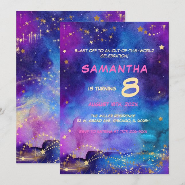 Invitation d'anniversaire Espace Galactique pour E (Devant / Derrière)