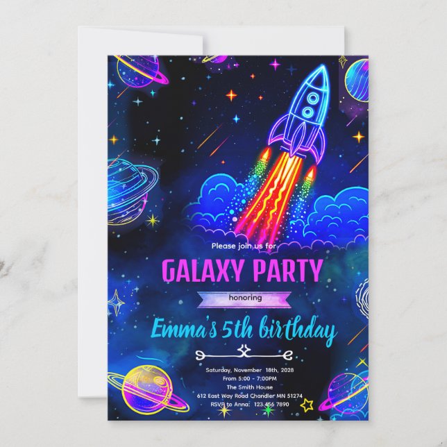 Invitation d'anniversaire espace galaxie néon (Devant)