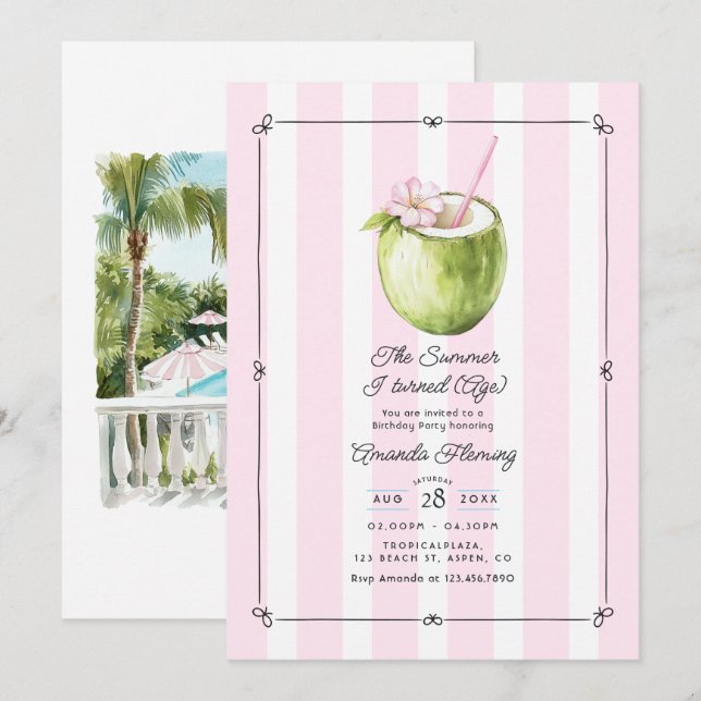 Invitation d'anniversaire estivale Chic et Prépayé (Devant / Derrière)