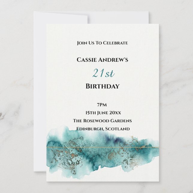 Invitation d'anniversaire étape aquarelle sarcelle (Devant)