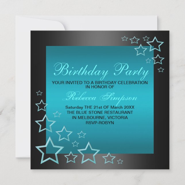 Invitation d'anniversaire étoile bleue et noire (Devant)