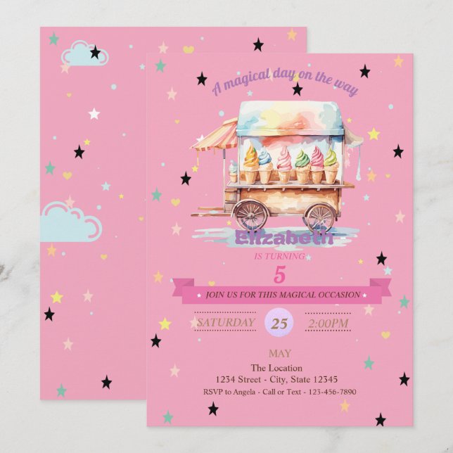 Invitation d'anniversaire Étoiles de Crème Glacée (Devant / Derrière)