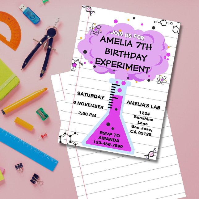Invitation d'anniversaire Expérience Scientifique (Fun science lab birthday invitation with colorful test tube and beakers for little scientists.)